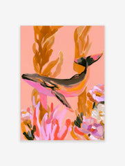 Painterly whale illustration swimming among seaweed and flowers in pink and orange tones, wall art print