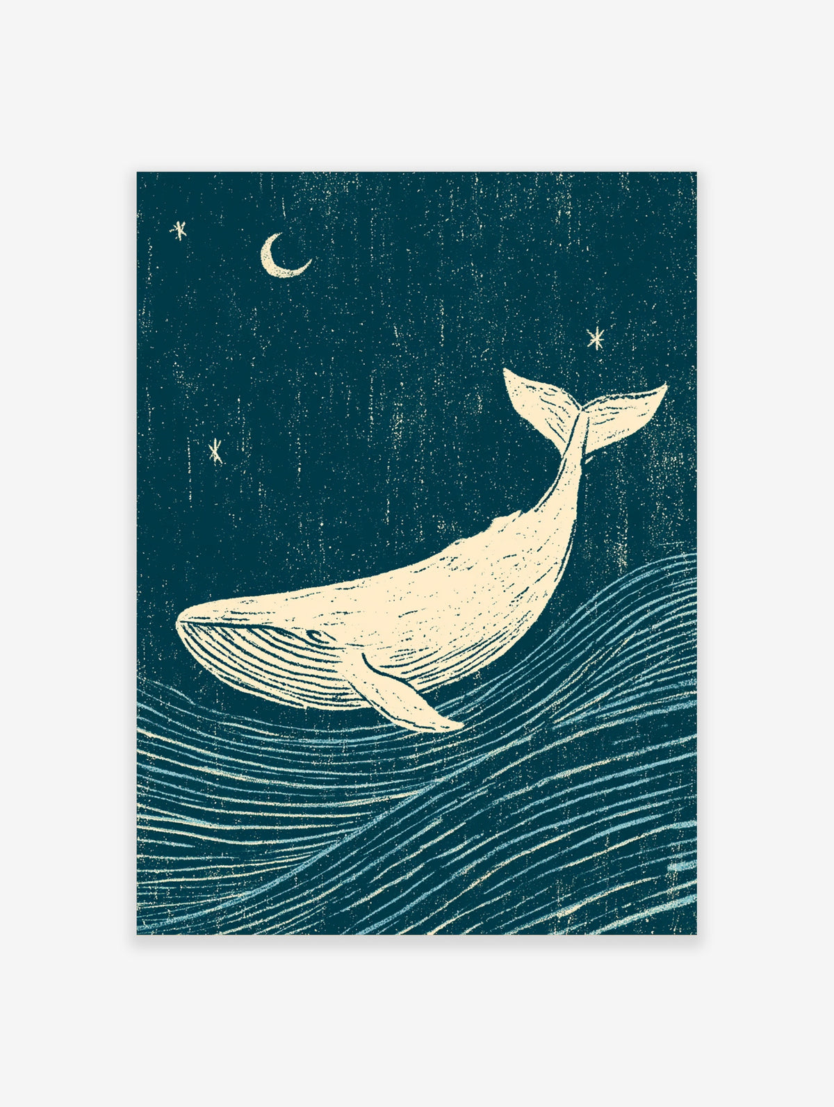 Cream whale swimming in teal water beneath a crescent moon and stars, vintage illustration style
