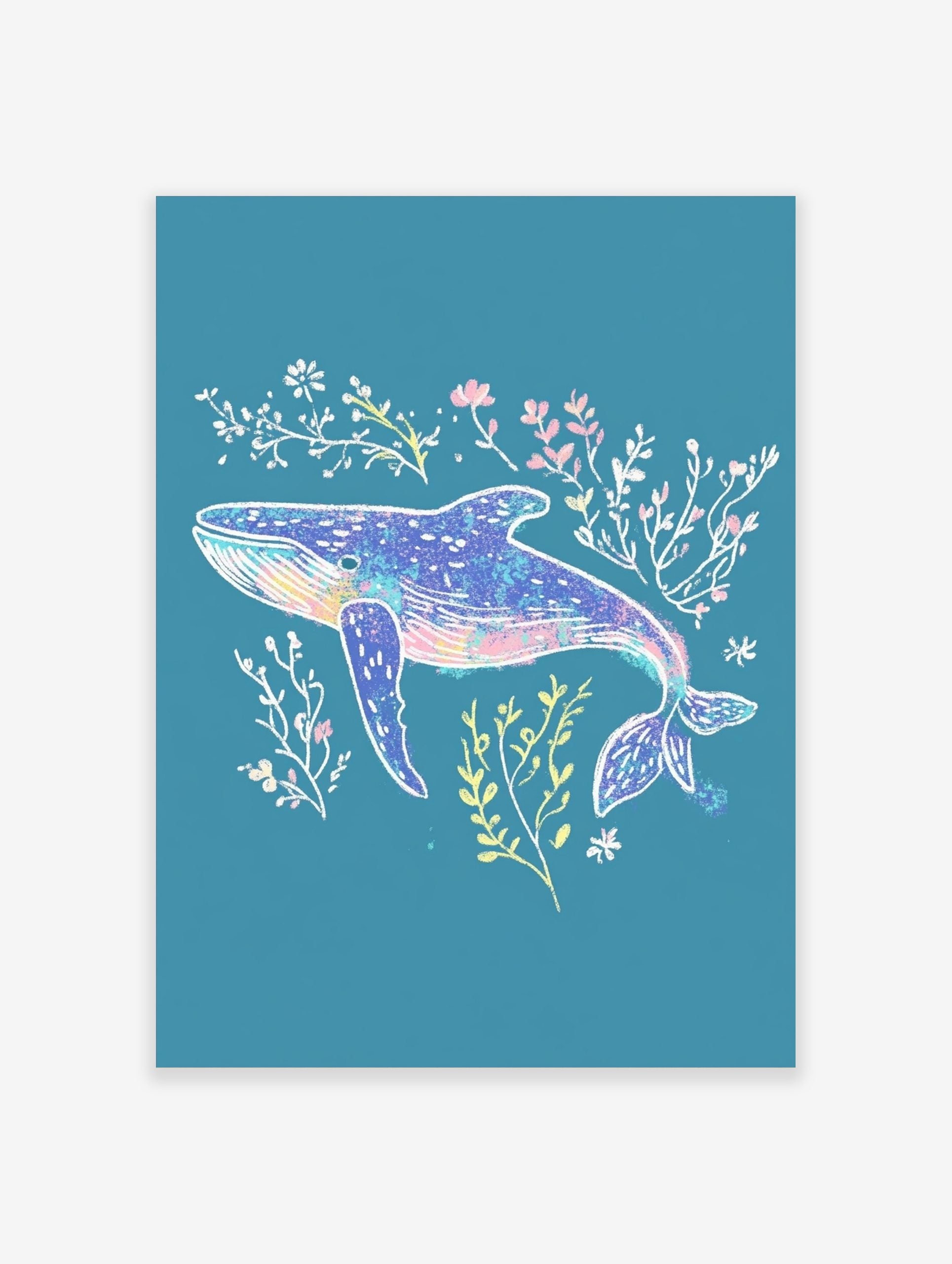 Illustrative blue whale art print with pink, yellow, and white seaweed on a teal background