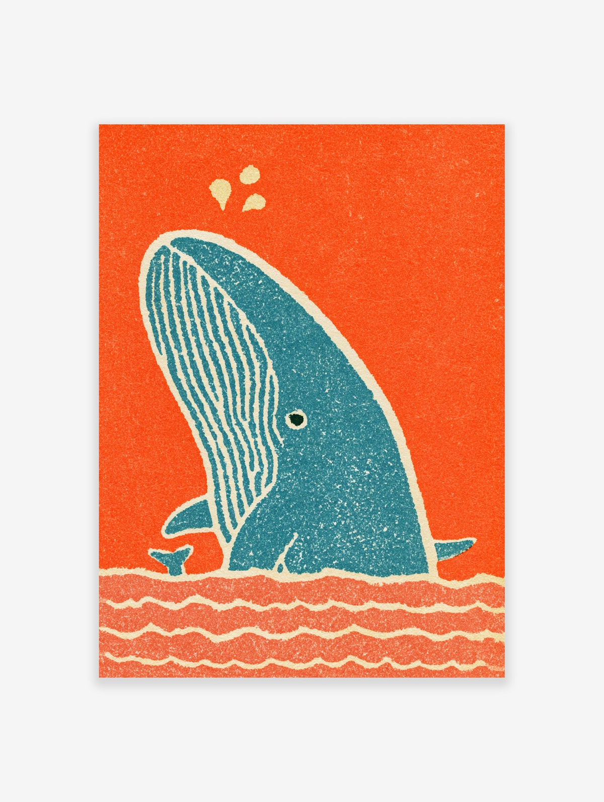 Stylised blue whale illustration rising from orange waves, graphic art print on a vibrant orange background