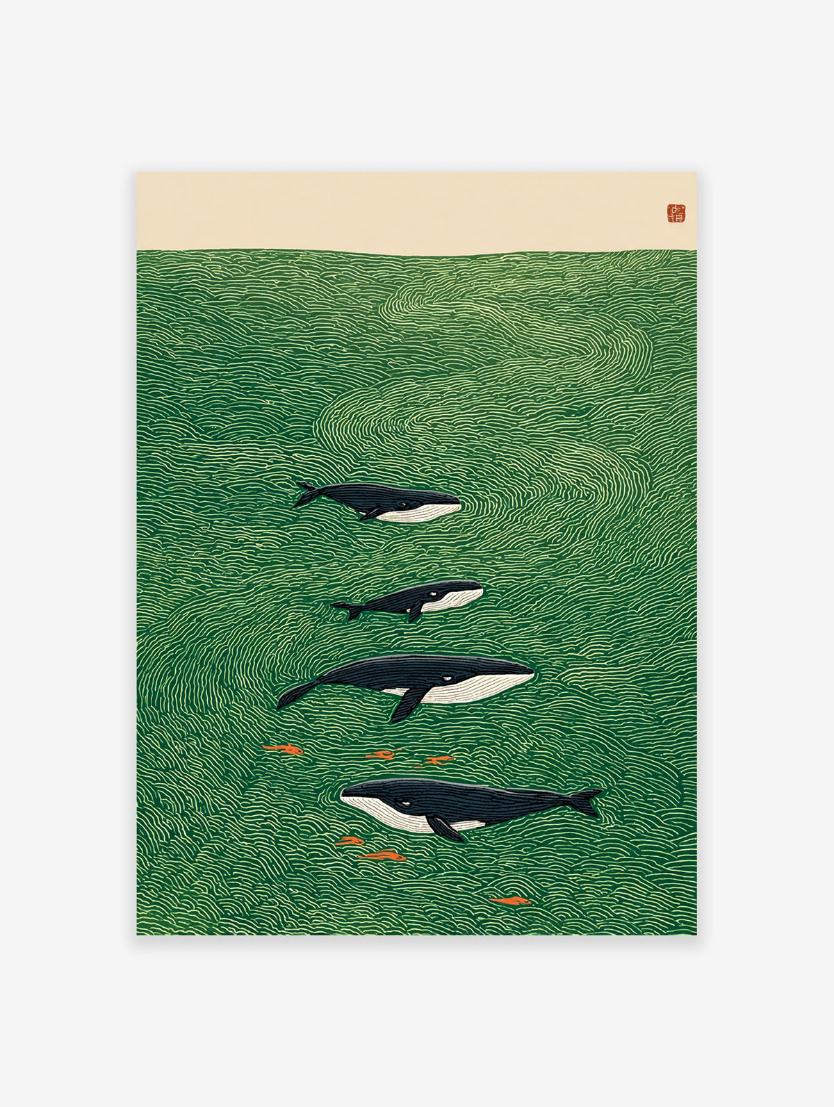 Illustrated whale art print showing a family of whales and small fish swimming in a green ocean with stylized waves.