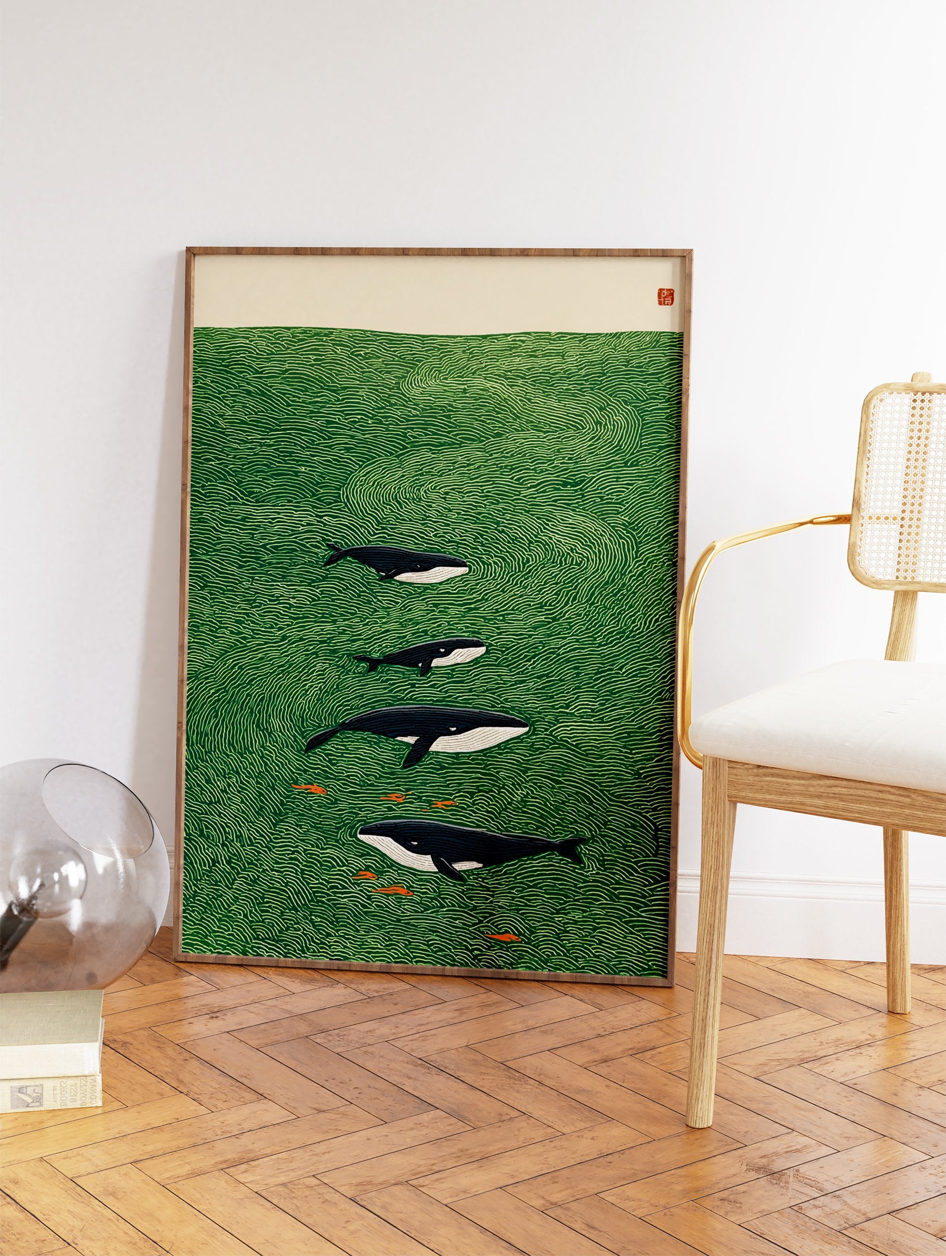 Illustrated whale art print showing a family of whales and small fish swimming in a green ocean with stylized waves. - Image 2
