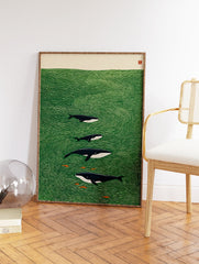 Illustrated whale art print showing a family of whales and small fish swimming in a green ocean with stylized waves. - Image 2