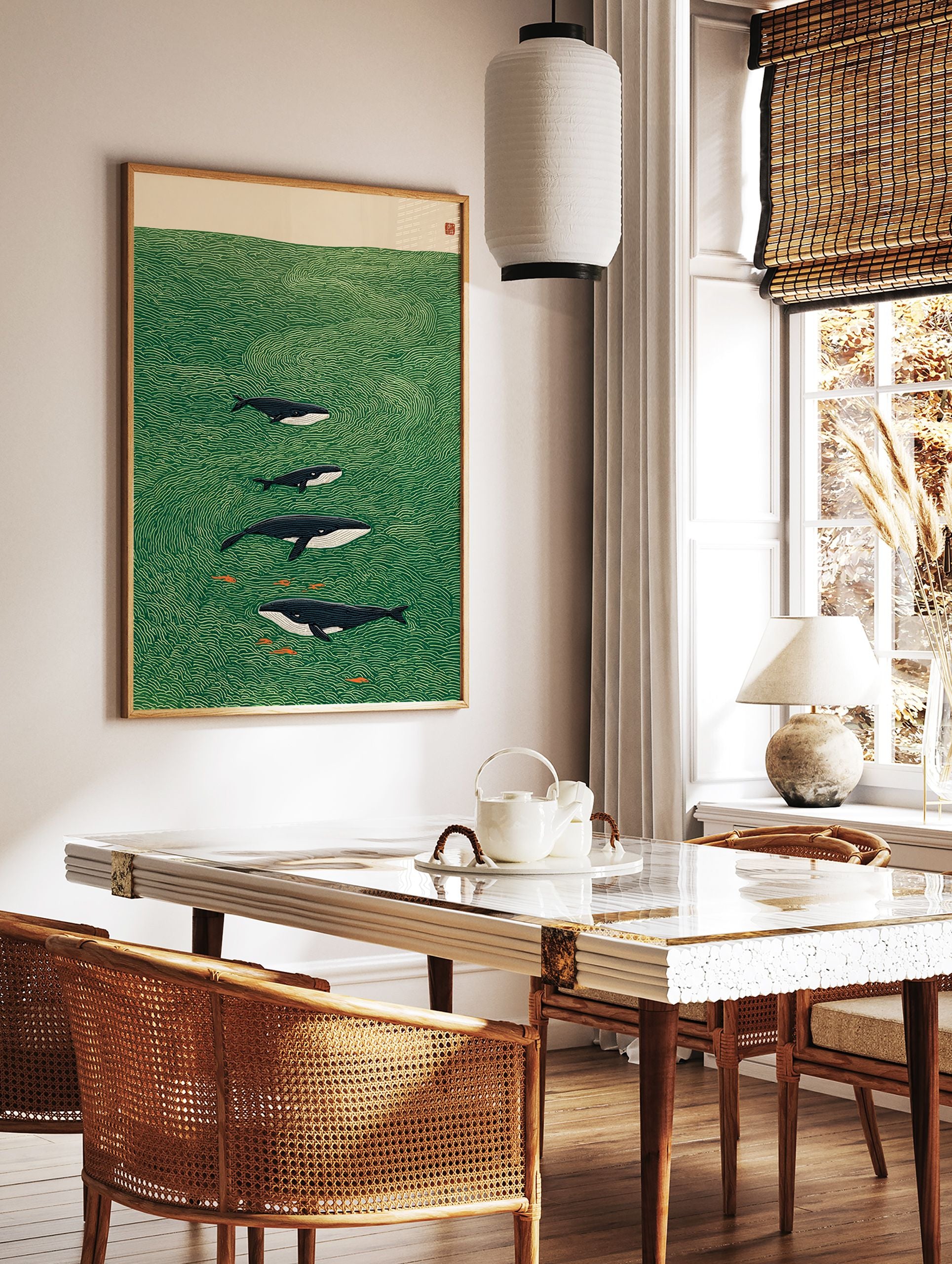 Illustrated whale art print showing a family of whales and small fish swimming in a green ocean with stylized waves. - Image 3