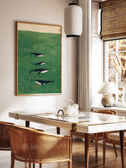 Illustrated whale art print showing a family of whales and small fish swimming in a green ocean with stylized waves. - Image 3