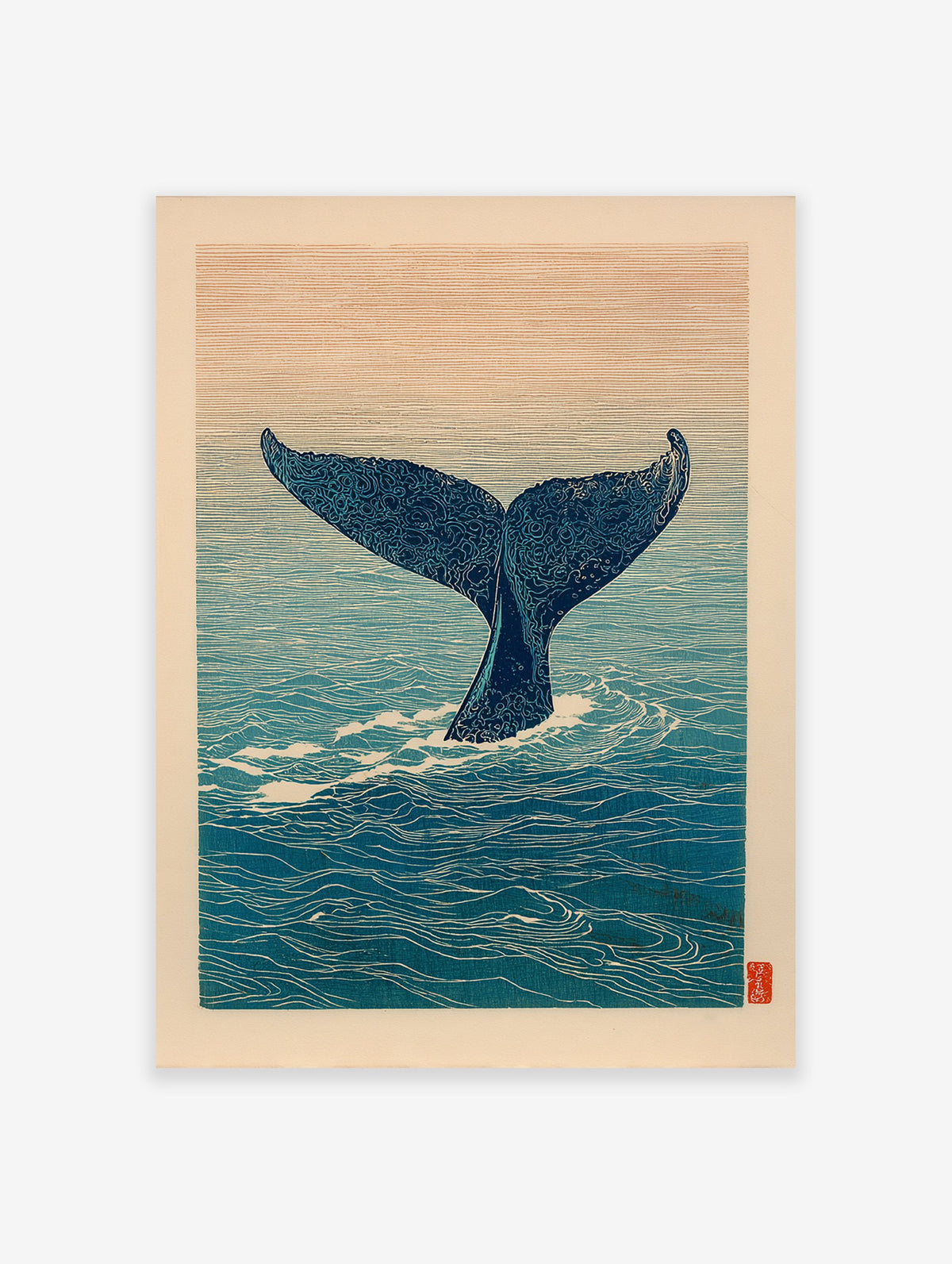 Japanese style whale art print featuring a whale tail diving into blue ocean waters under a serene orange sky.