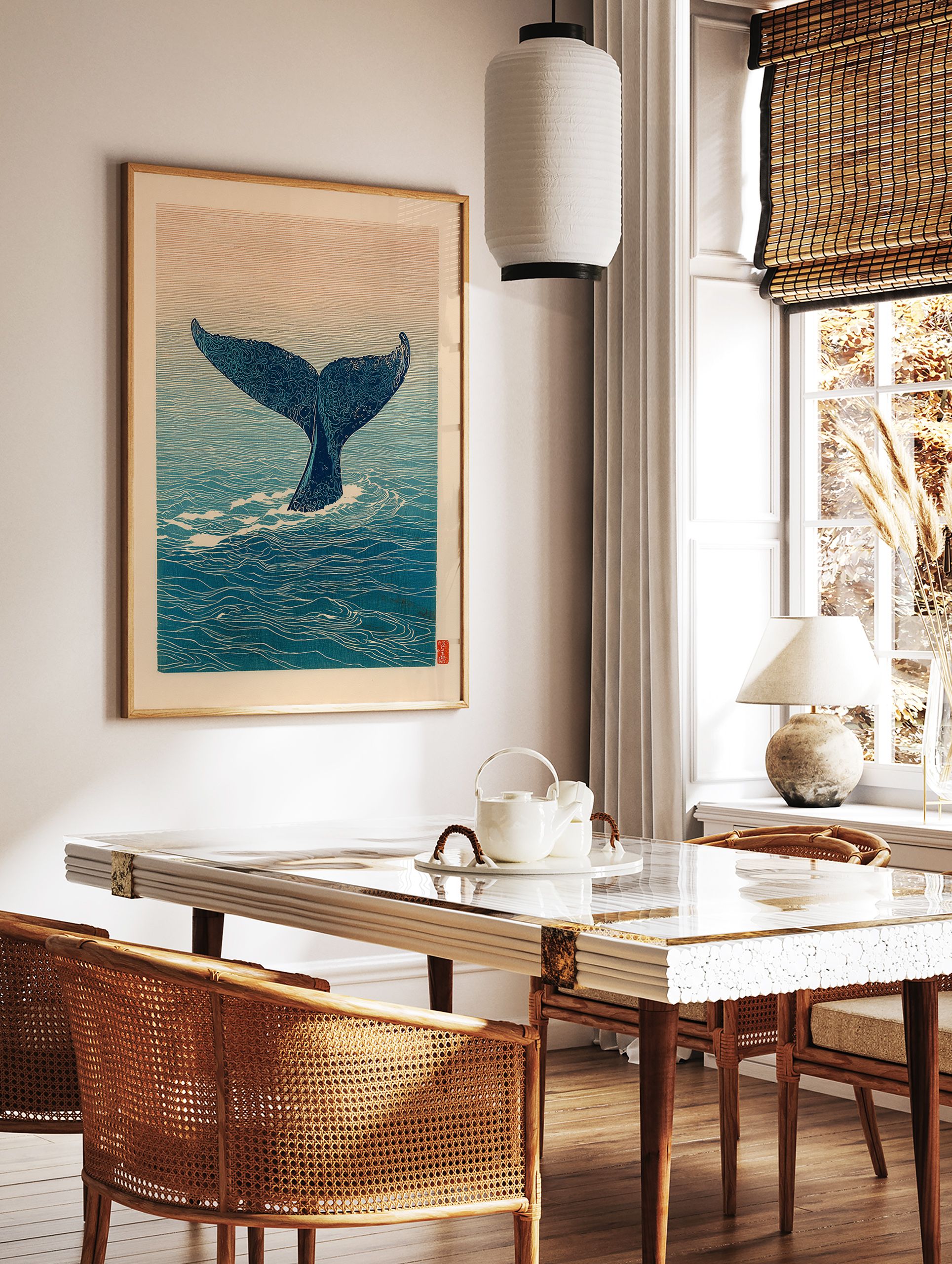 Japanese style whale art print featuring a whale tail diving into blue ocean waters under a serene orange sky. - Image 2