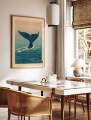 Japanese style whale art print featuring a whale tail diving into blue ocean waters under a serene orange sky. - Image 2