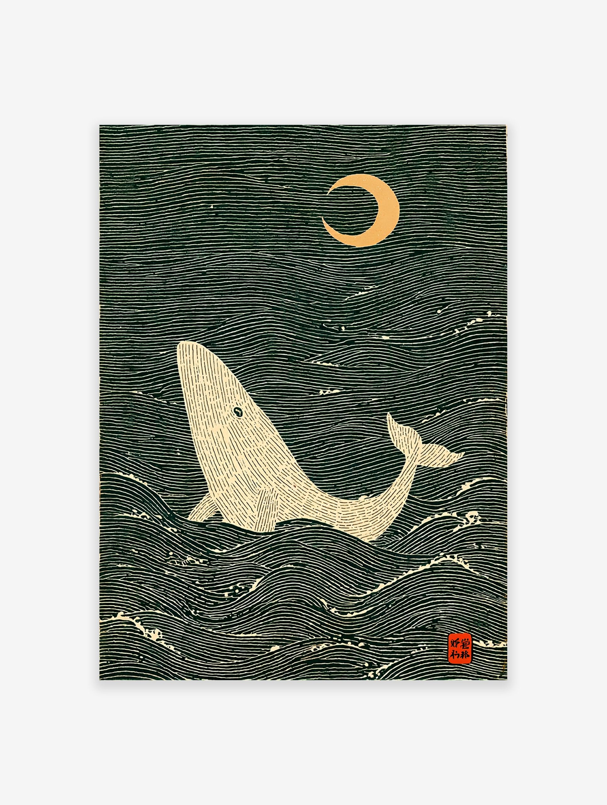 Japanese style whale art print showing a beige whale in dark green wavy ocean under a golden crescent moon.
