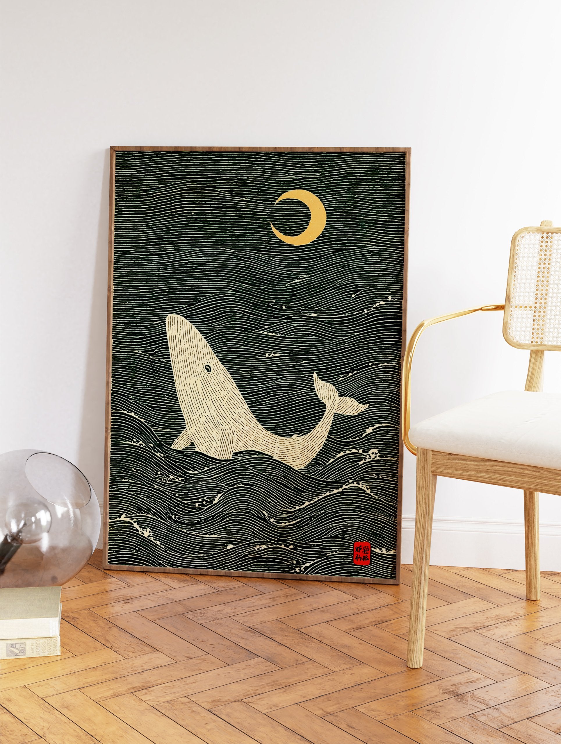 Japanese style whale art print showing a beige whale in dark green wavy ocean under a golden crescent moon. - Image 2