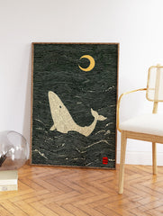Japanese style whale art print showing a beige whale in dark green wavy ocean under a golden crescent moon. - Image 2