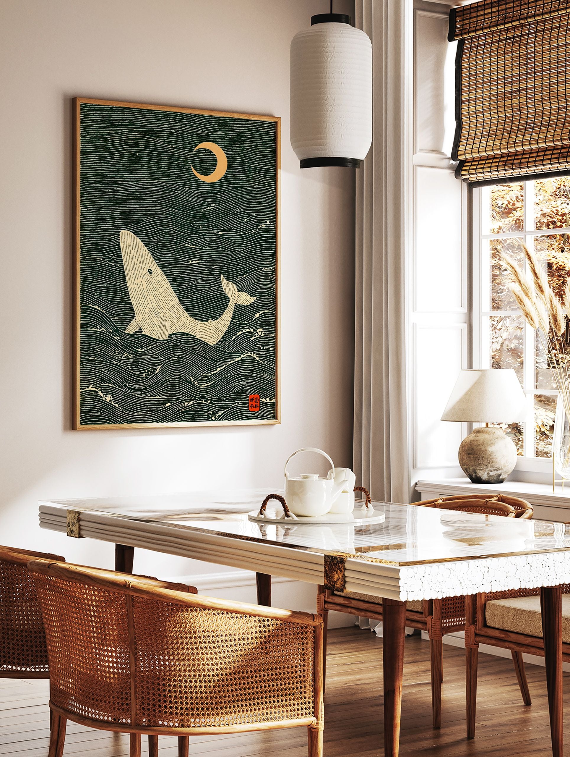 Japanese style whale art print showing a beige whale in dark green wavy ocean under a golden crescent moon. - Image 3