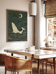 Japanese style whale art print showing a beige whale in dark green wavy ocean under a golden crescent moon. - Image 3