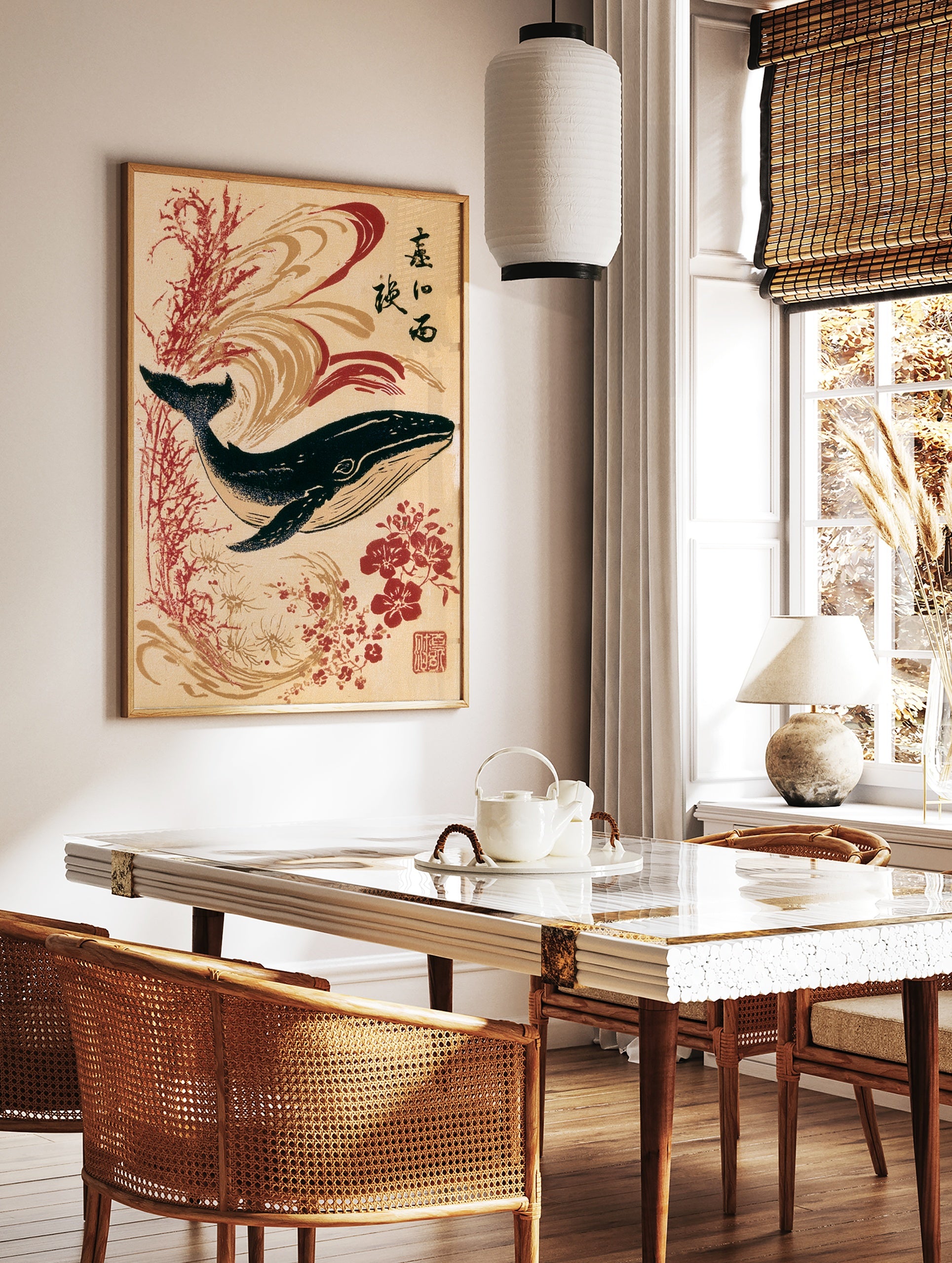 Japanese-style whale art print with red flowers, calligraphy, and swirling wave patterns on a tan, in a styled room mockup