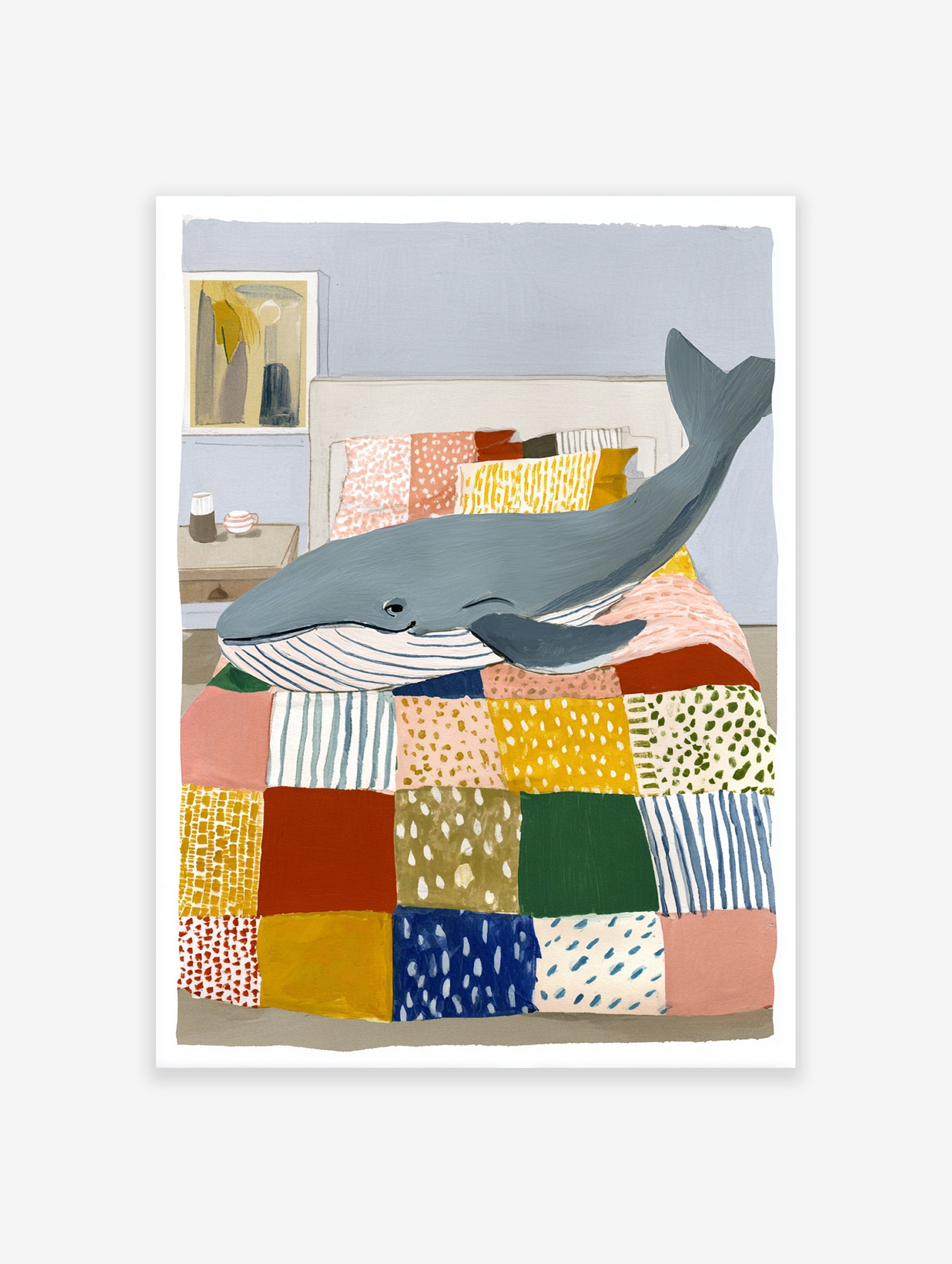 Playful illustration of a blue whale lying on a colorful patchwork quilt in a bedroom. Whale art print.