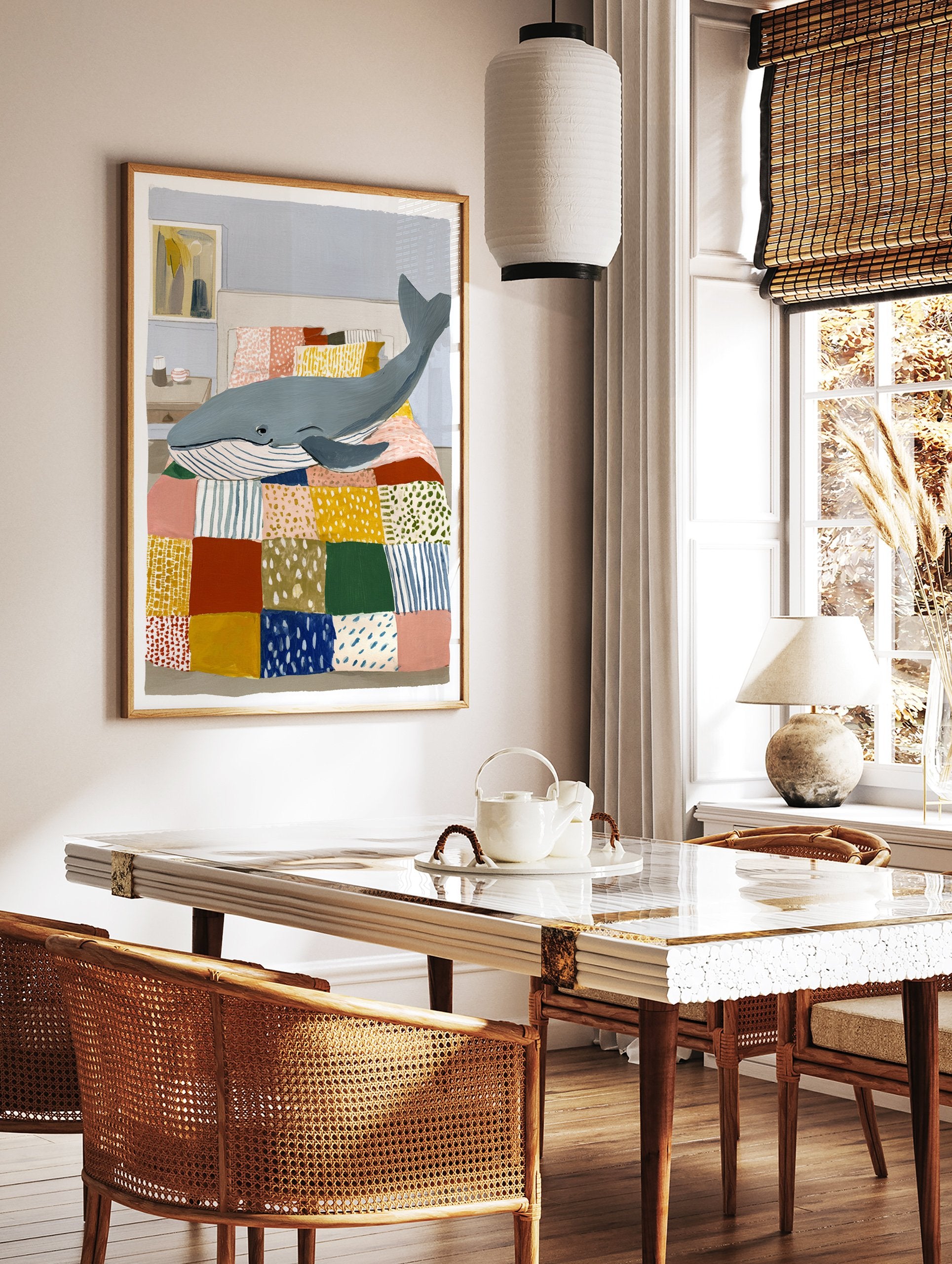 Playful illustration of a blue whale lying on a colorful patchwork quilt in a bedroom. Whale art print. - Image 2