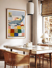 Playful illustration of a blue whale lying on a colorful patchwork quilt in a bedroom. Whale art print. - Image 2