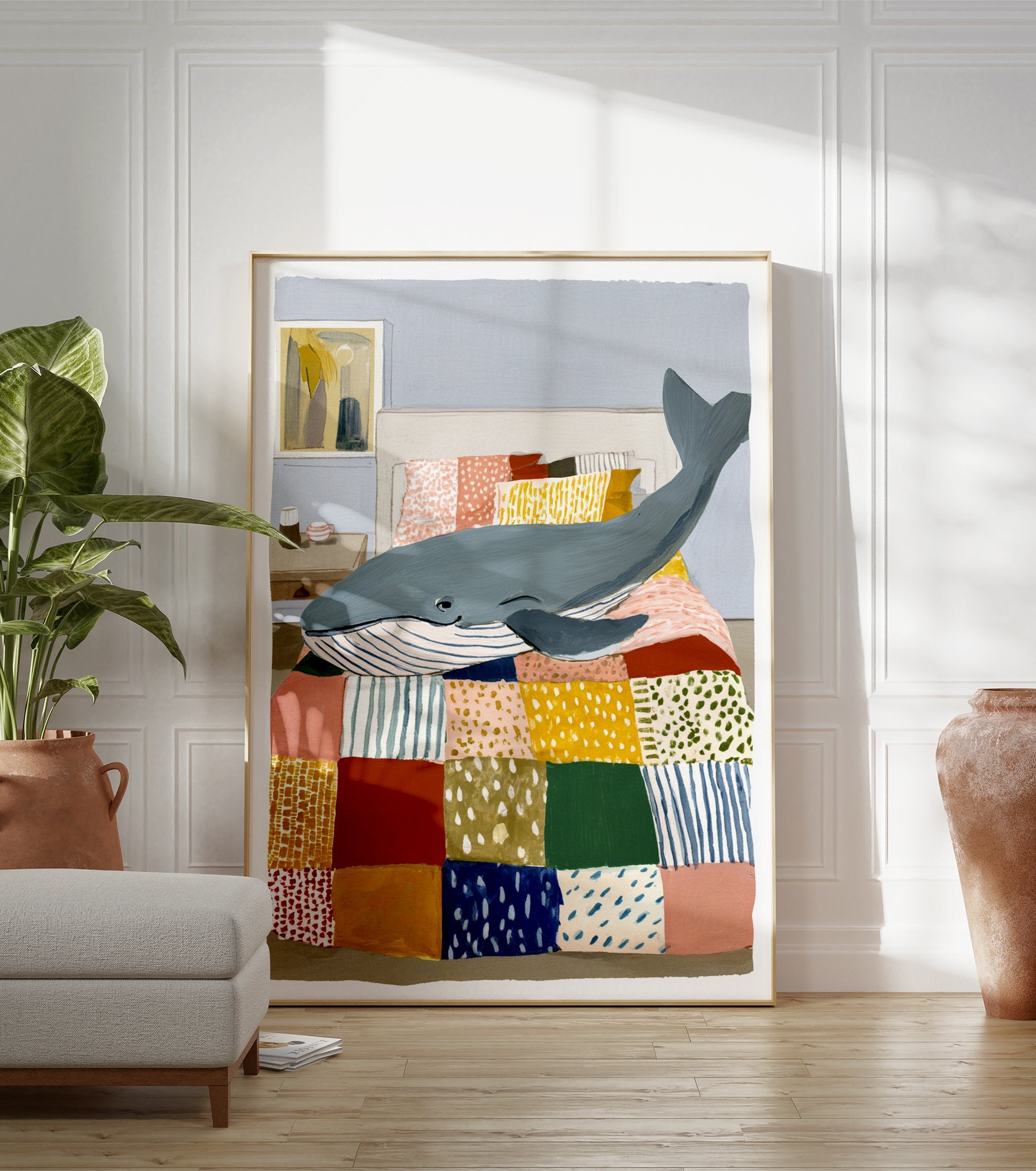 Playful illustration of a blue whale lying on a colorful patchwork quilt in a bedroom. Whale art print. - Image 3