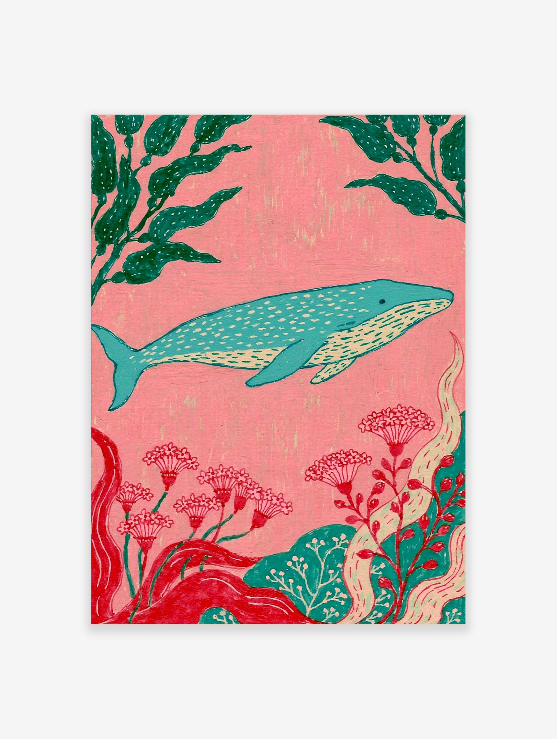 Stylized blue whale illustration with green kelp and red flowers on a pink background, ocean-themed wall art print