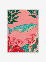 Stylized blue whale illustration with green kelp and red flowers on a pink background, ocean-themed wall art print