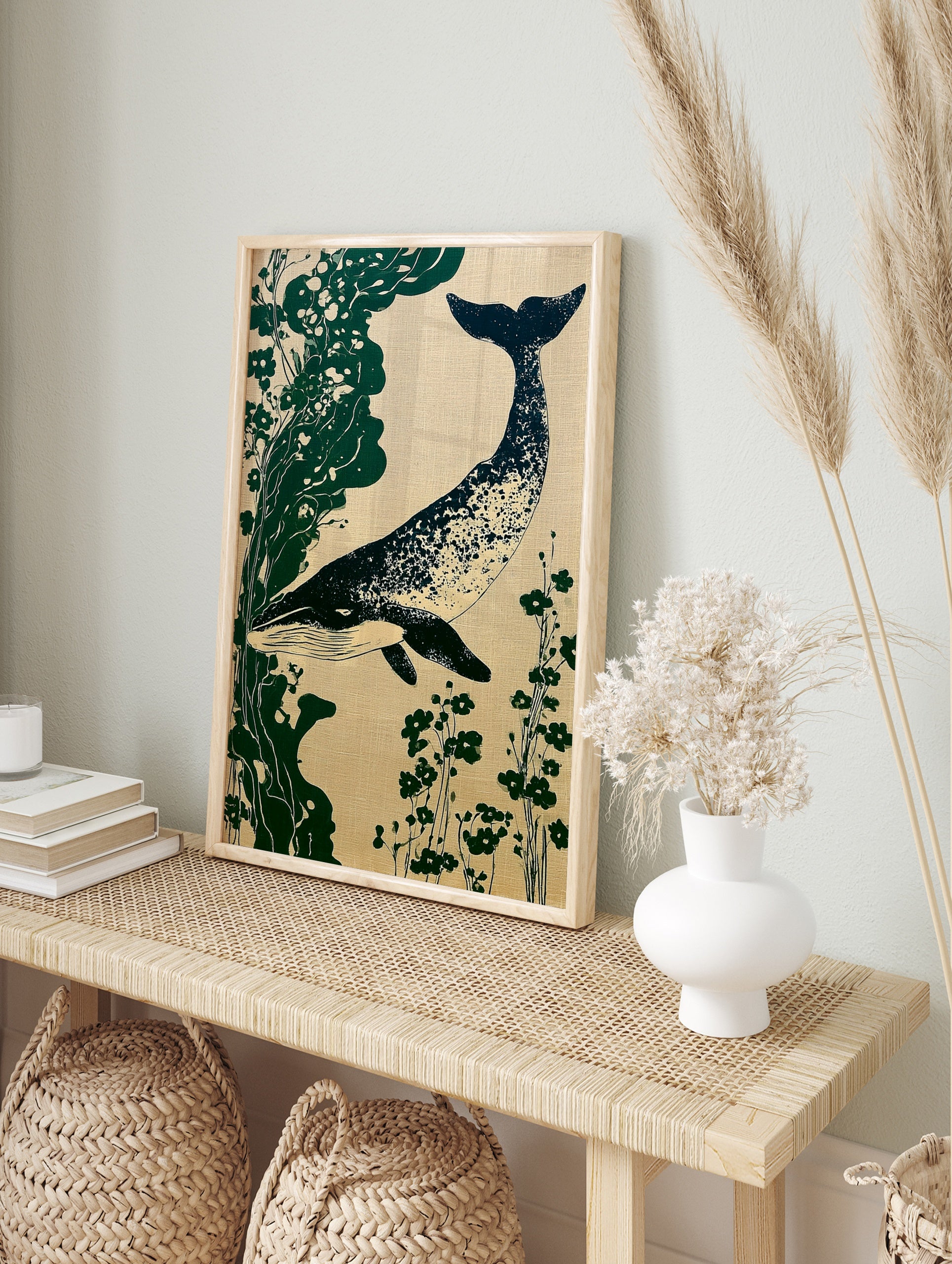 Whale and botanical illustration in Japanese style, deep blue whale with green plants on a, in an alternate framed mockup