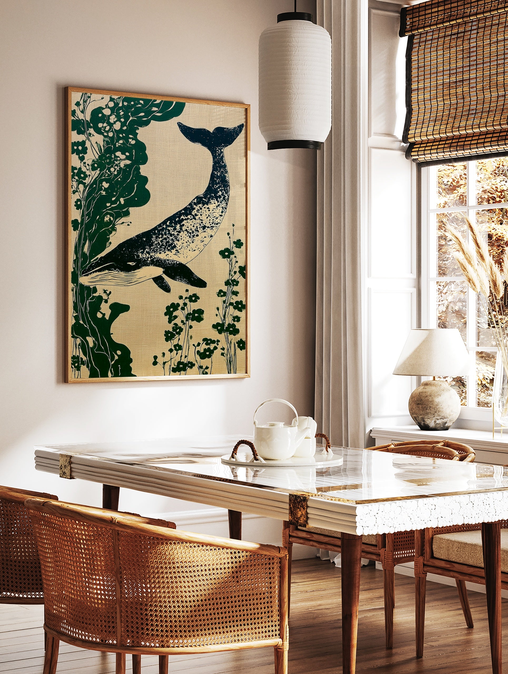 Whale and botanical illustration in Japanese style, deep blue whale with green plants on a textured, in a styled room mockup