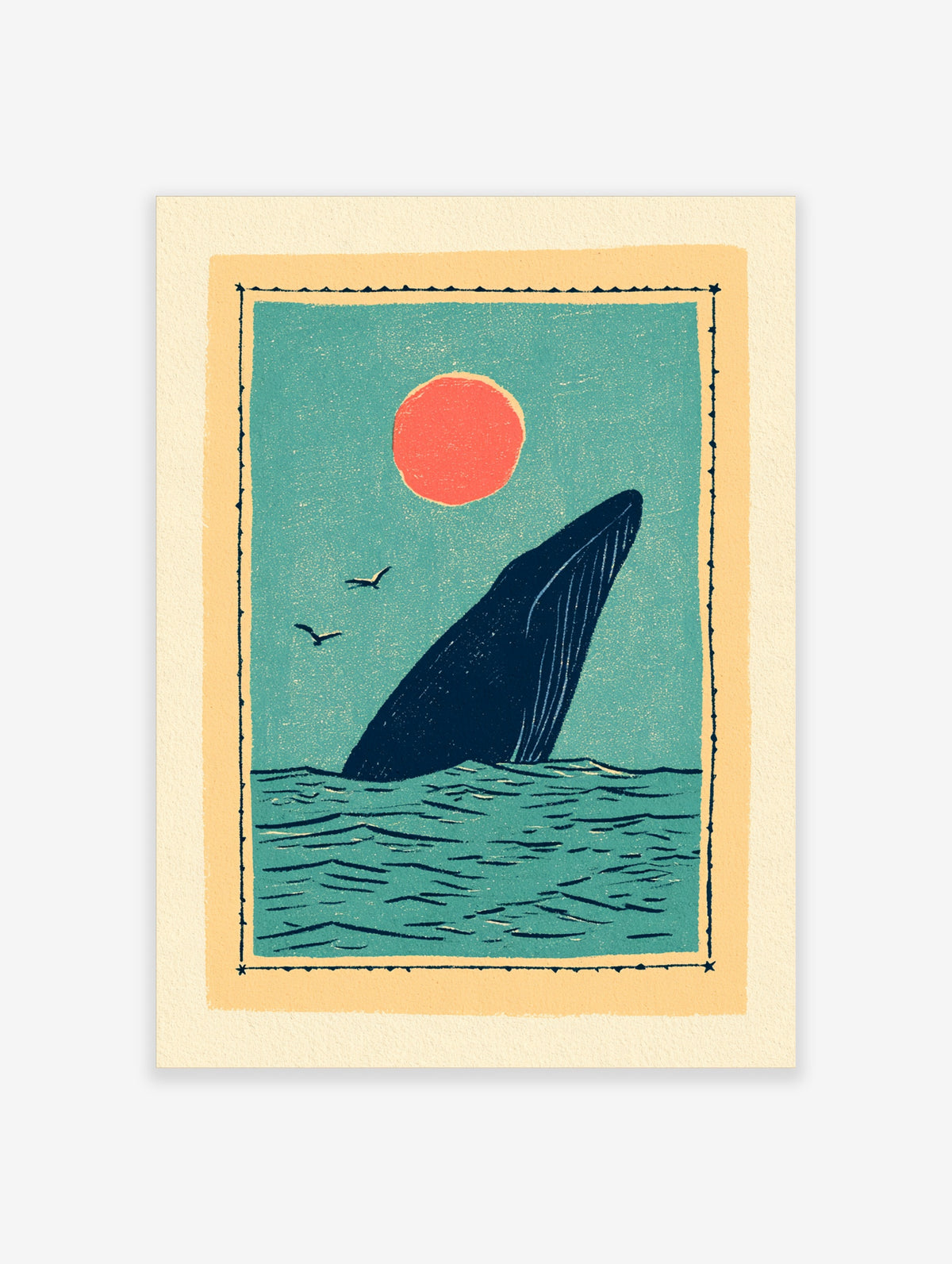 Whale breaching from teal sea under red sun with two gulls, block-print style poster