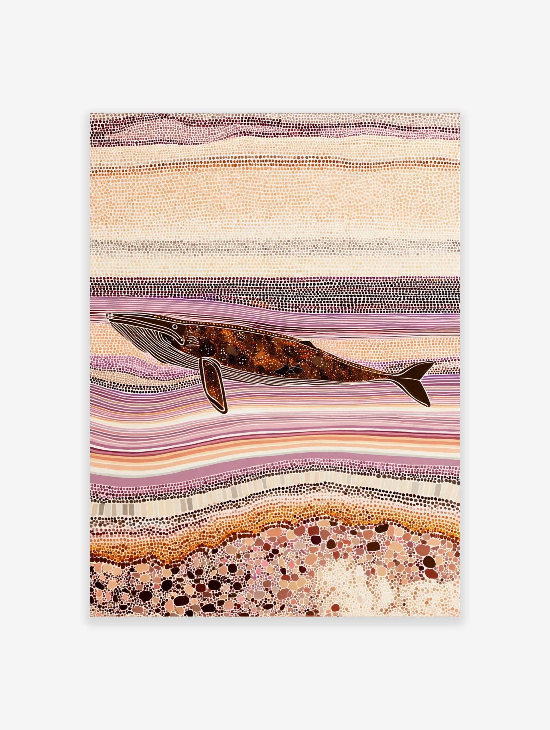 Indigenous style dot art print of a whale swimming horizontally amidst abstract purple and earth-toned patterns