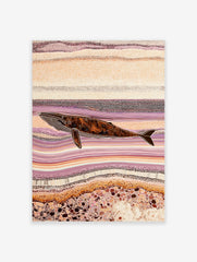 Indigenous style dot art print of a whale swimming horizontally amidst abstract purple and earth-toned patterns