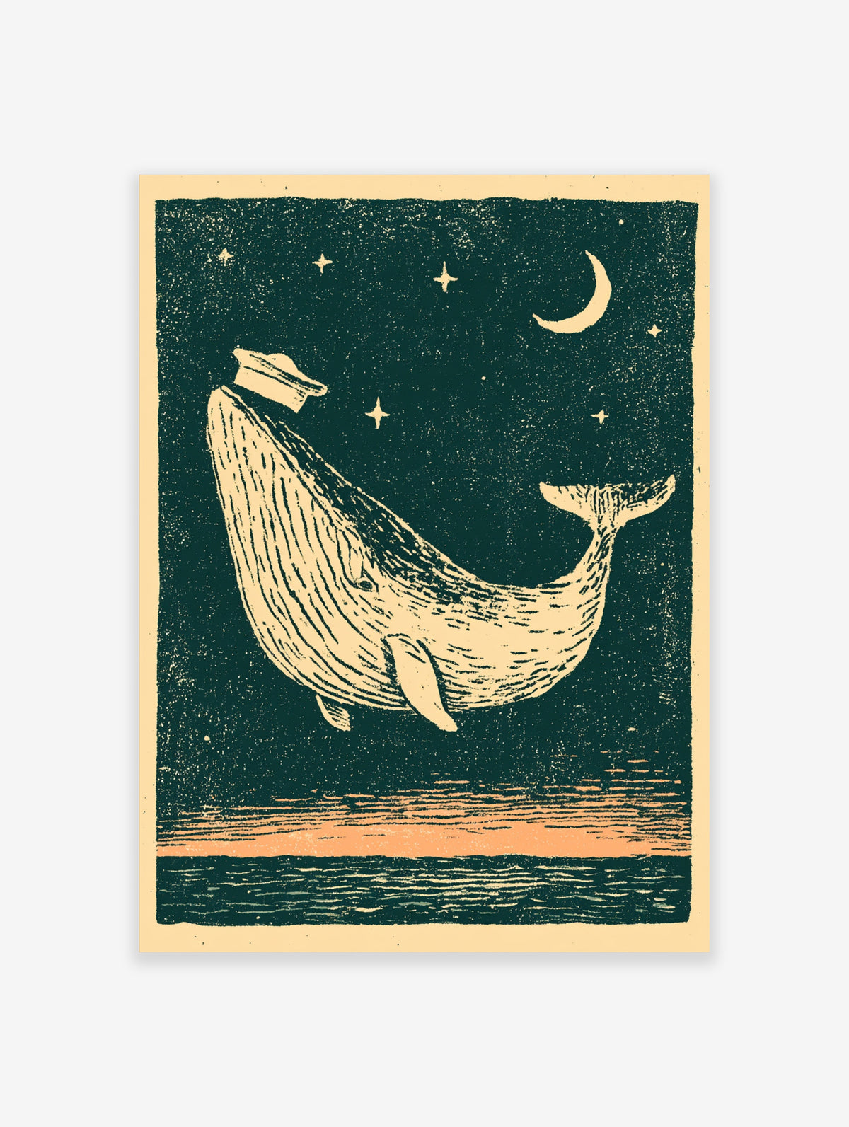 Cream whale wearing a captain hat floating in a dark teal starry sky with crescent moon and stars, vintage illustration