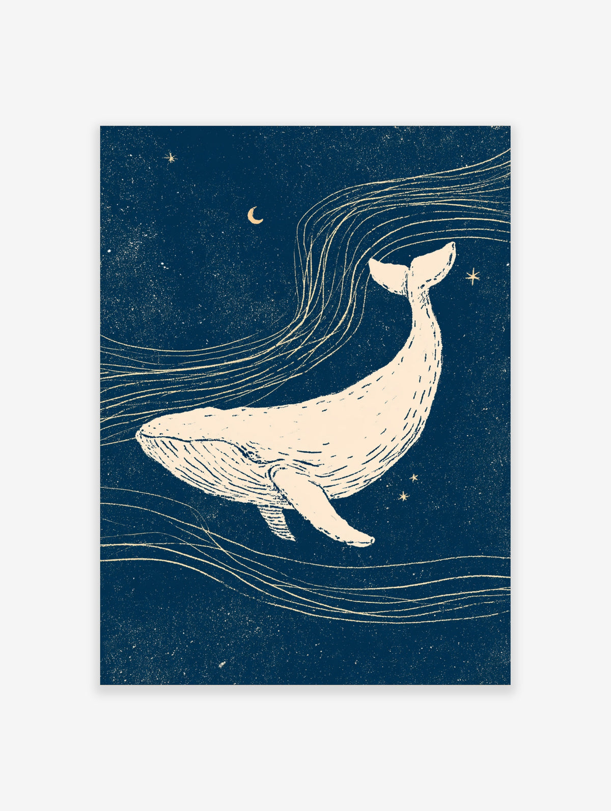 Cream whale swimming through navy blue starry sky with crescent moon and flowing lines, celestial animal poster
