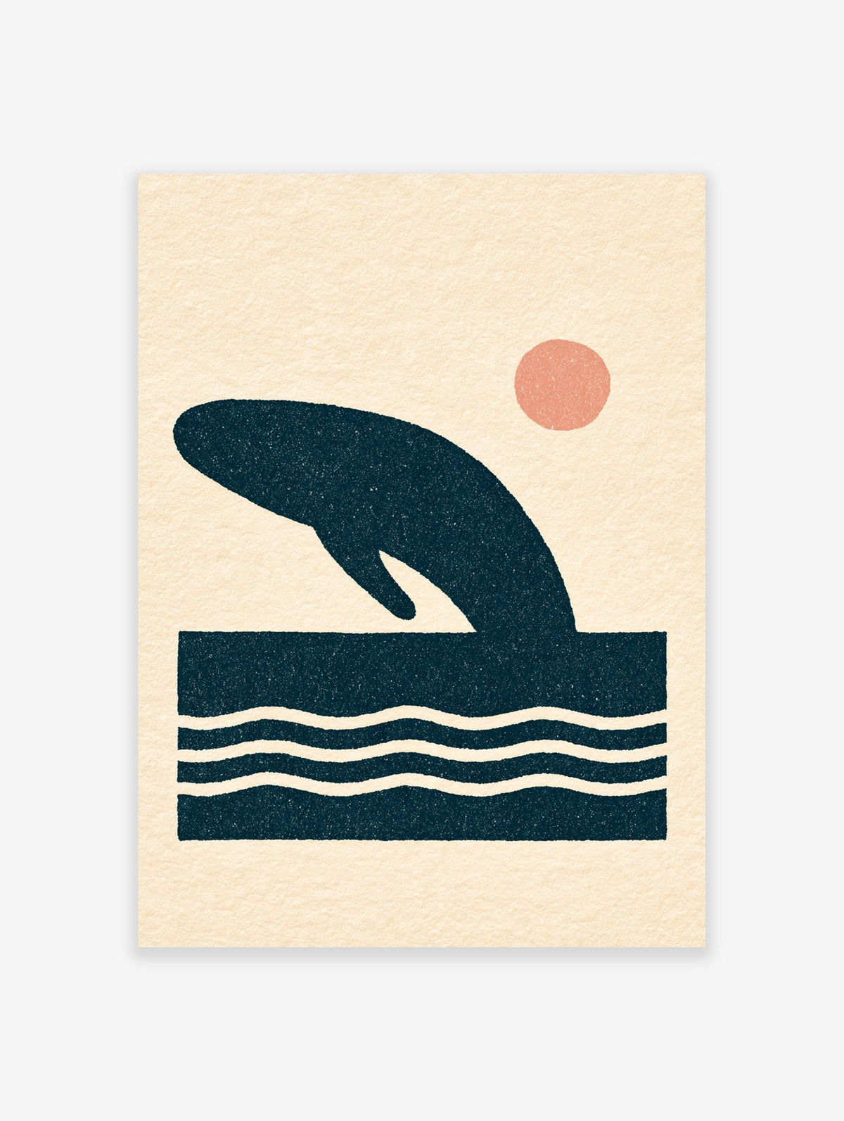Minimalist blue whale jumping print with a peach sun, illustrative ocean wall art on a light beige background