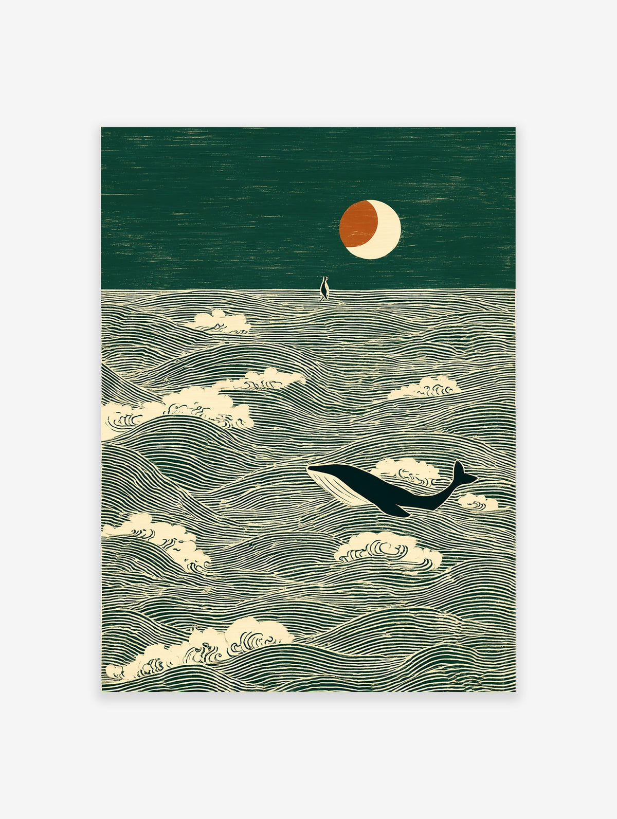 Illustrative art print of a whale swimming in green ocean waves under a crescent moon, with a small boat in the distance.
