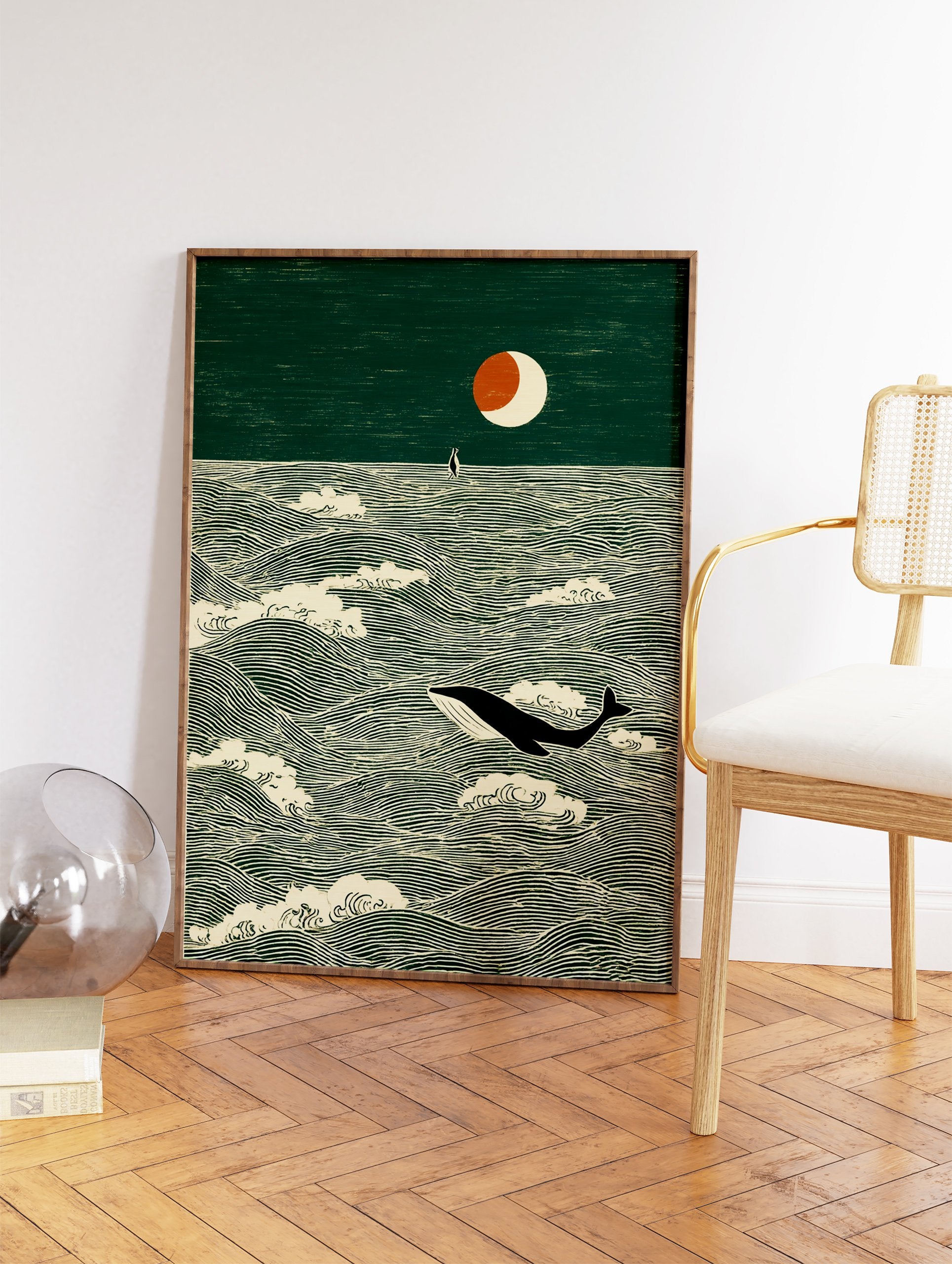 Illustrative art print of a whale swimming in green ocean waves under a crescent moon, with a small boat in the distance. - Image 2