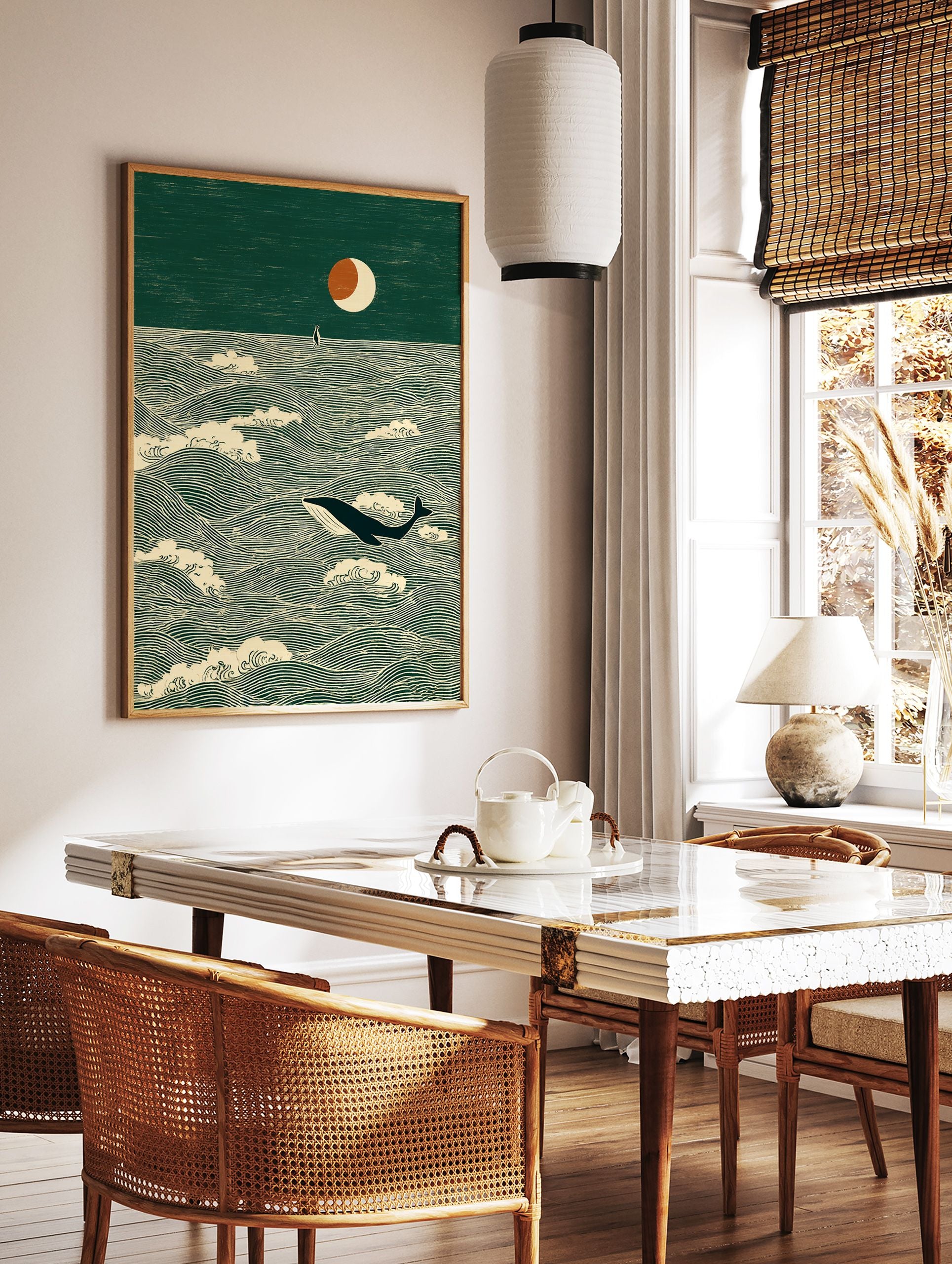 Illustrative art print of a whale swimming in green ocean waves under a crescent moon, with a small boat in the distance. - Image 3