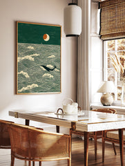 Illustrative art print of a whale swimming in green ocean waves under a crescent moon, with a small boat in the distance. - Image 3