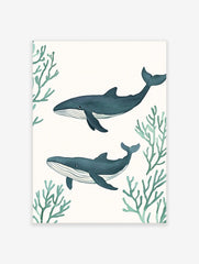 Two illustrative blue whales swimming horizontally amidst green coral branches on a white background