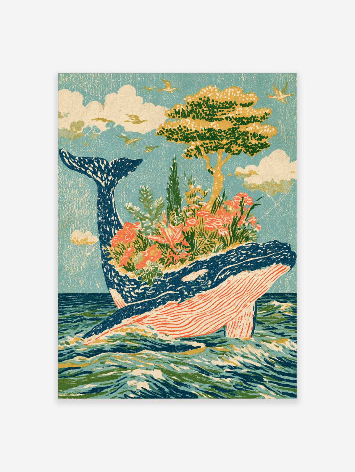 Blue whale with a flower garden and tree on its back, swimming in stylised ocean waves under a blue sky with birds