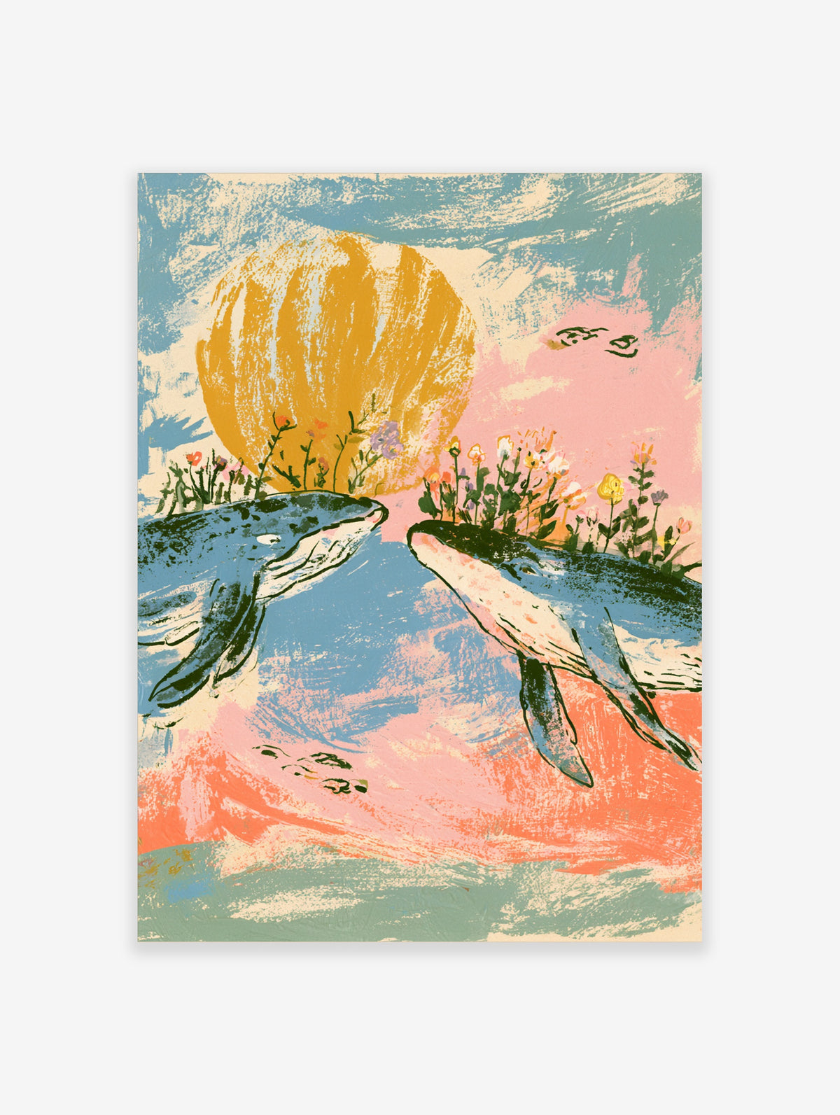 Two blue whales with flowers on their backs beneath a golden sun, pastel pink and blue sky, surreal art print
