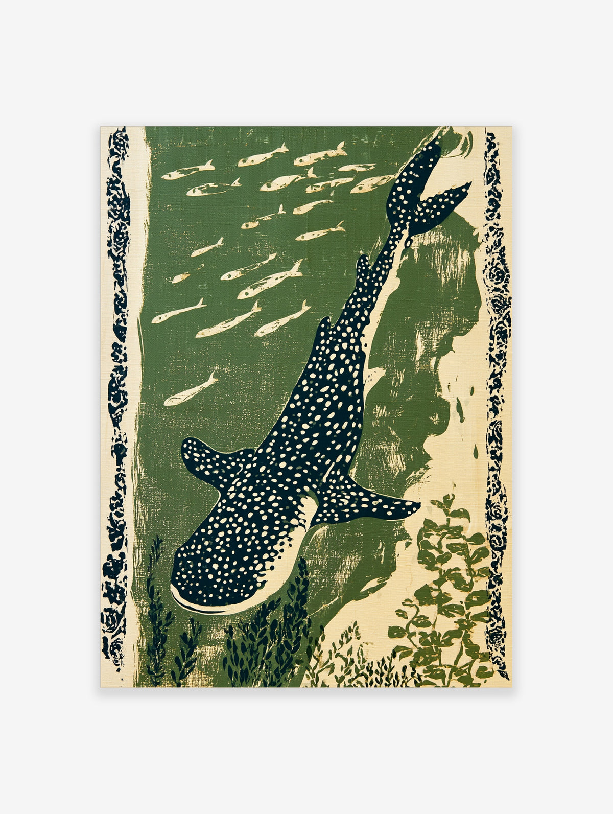 Whale shark with white spots swimming in green water above small fish and seaweed