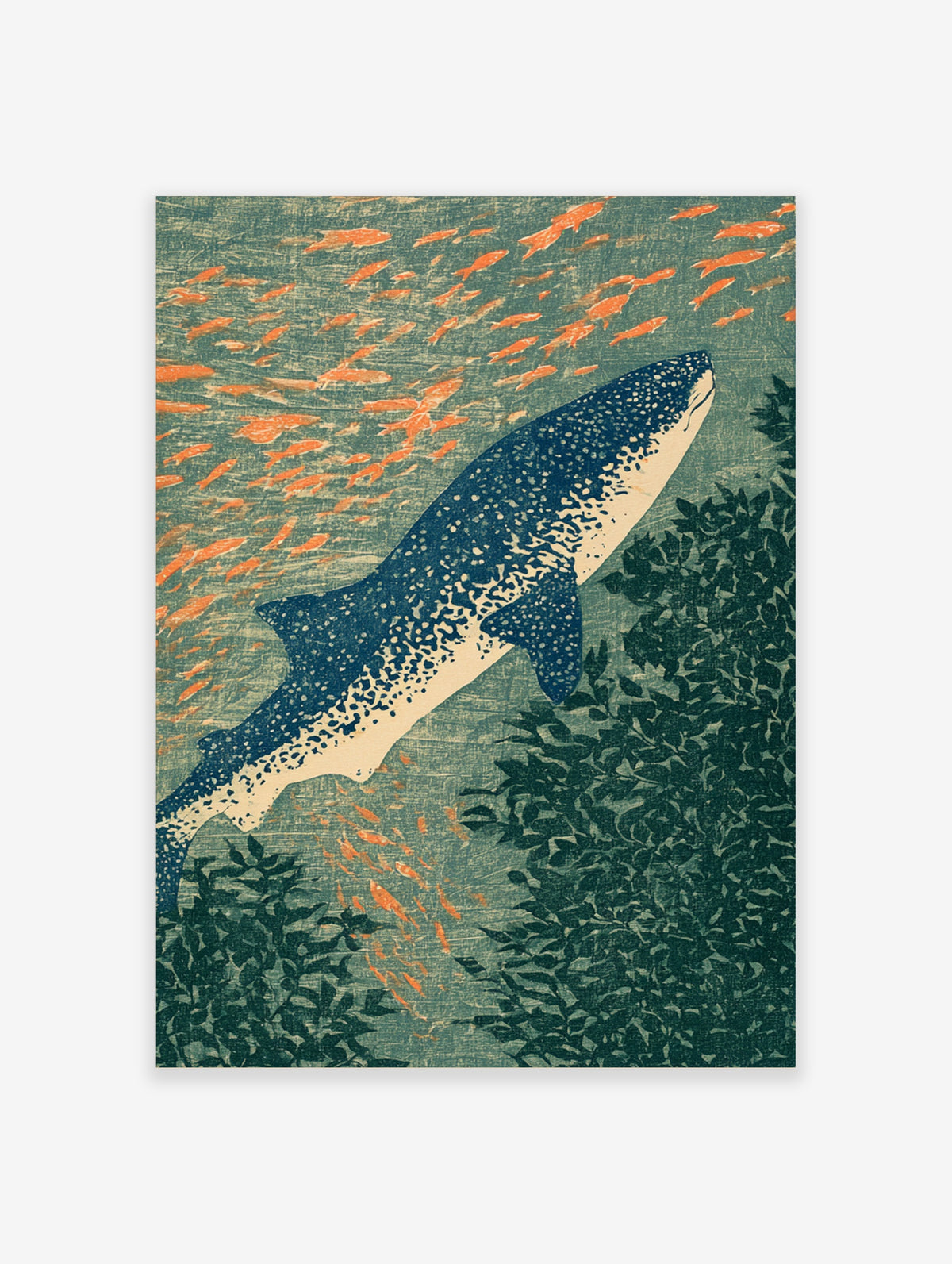 Whale shark swimming diagonally among orange fish and dark seaweed in a Japanese-style ocean print
