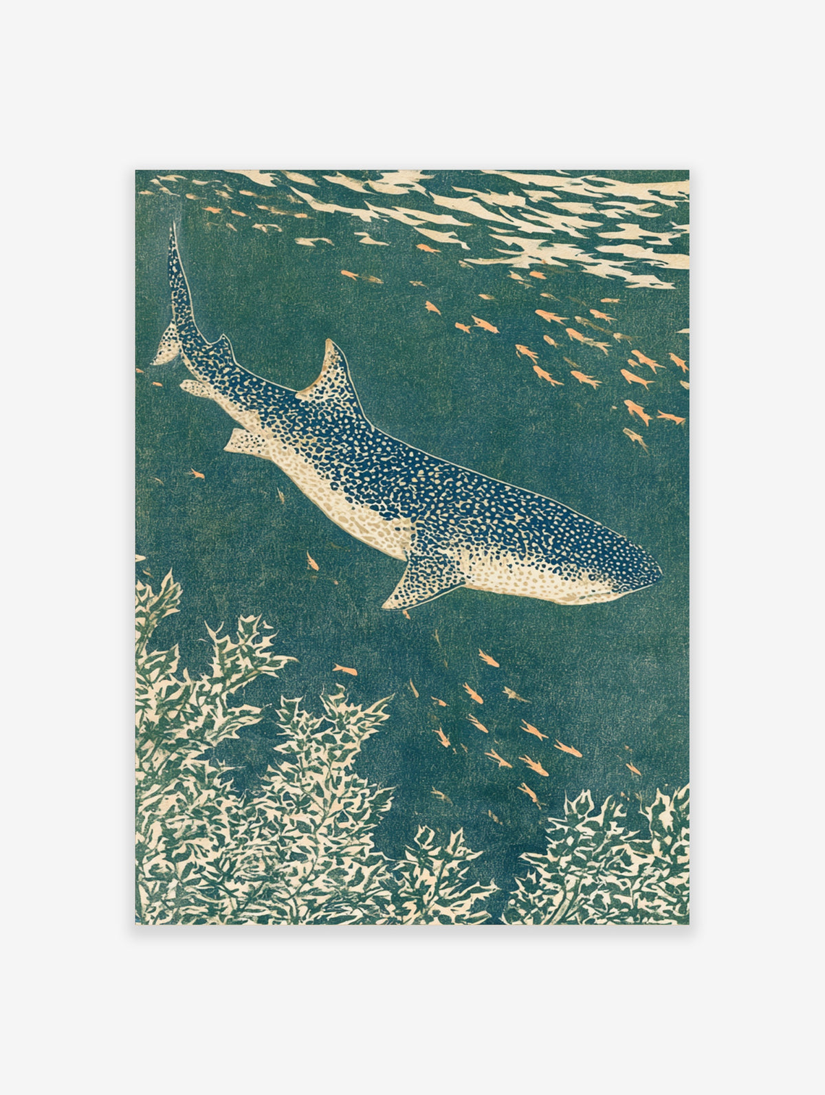 Japanese woodblock whale shark poster with spotted blue fish, orange fish, and seagrass on teal background