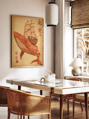 Orange whale carrying a sailing ship on its back, with red cultural calligraphy on a beige parchment background. Whale Ship Art Print. - Image 3