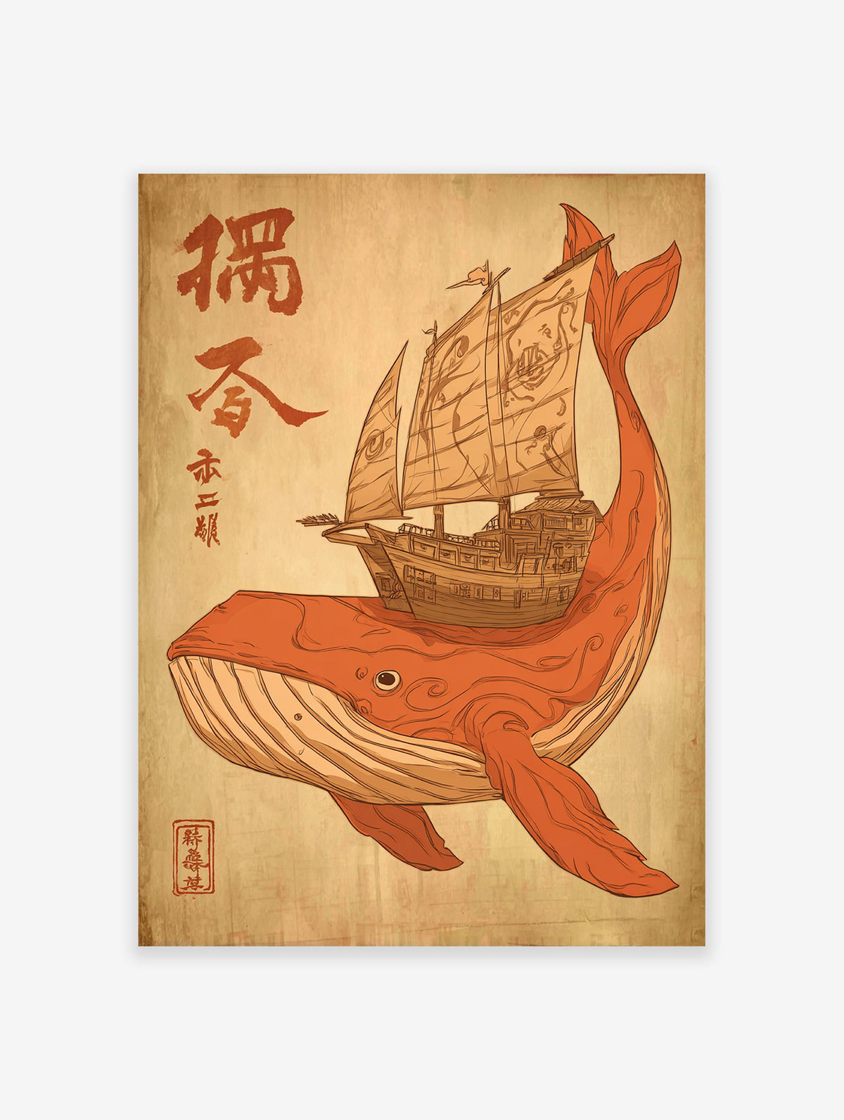 Orange whale carrying a traditional sailing ship with red Asian calligraphy on a beige background, unique whale ship art.