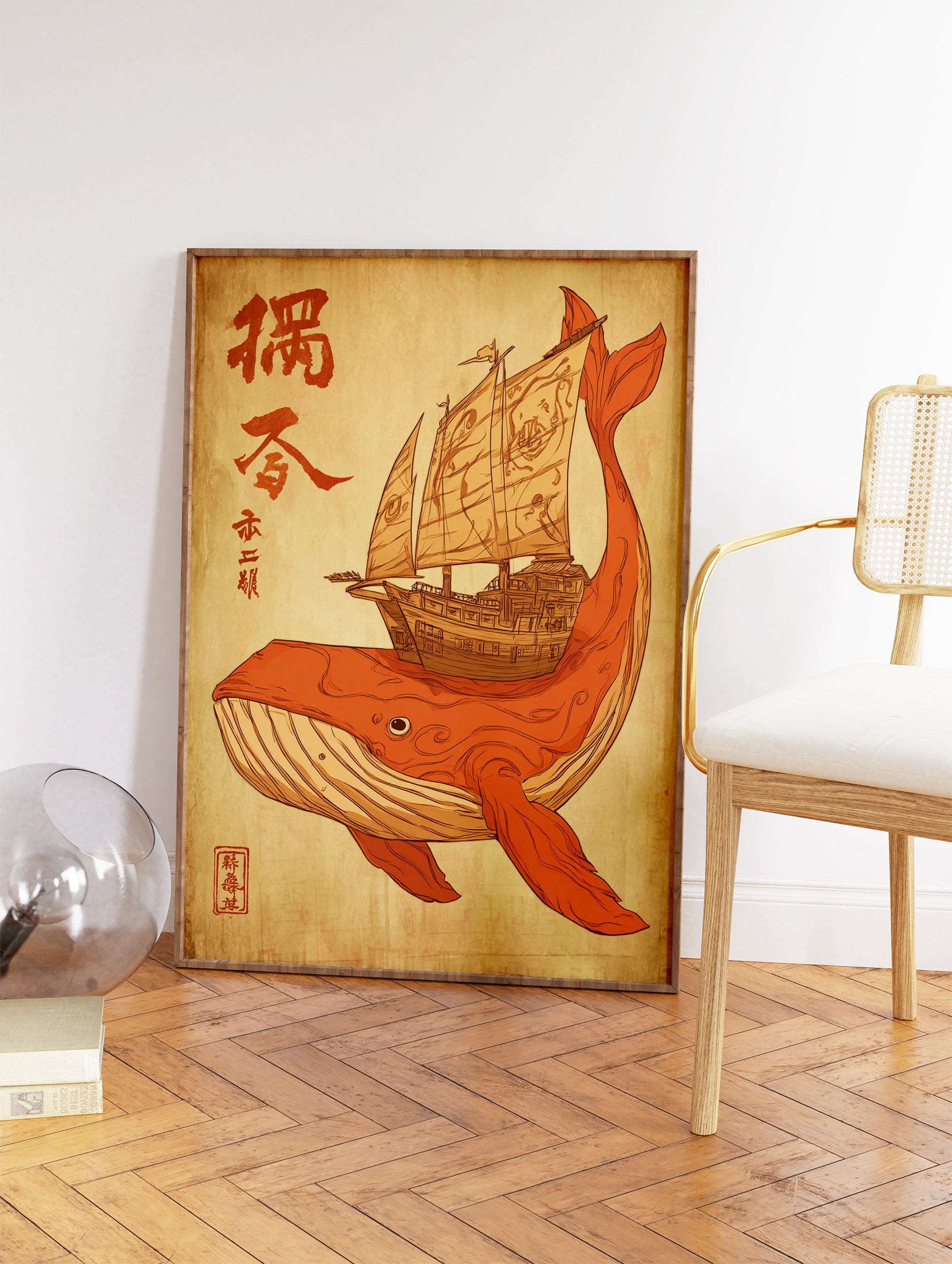 Orange whale carrying a traditional sailing ship with red Asian calligraphy on a beige background, unique whale ship art. - Image 2