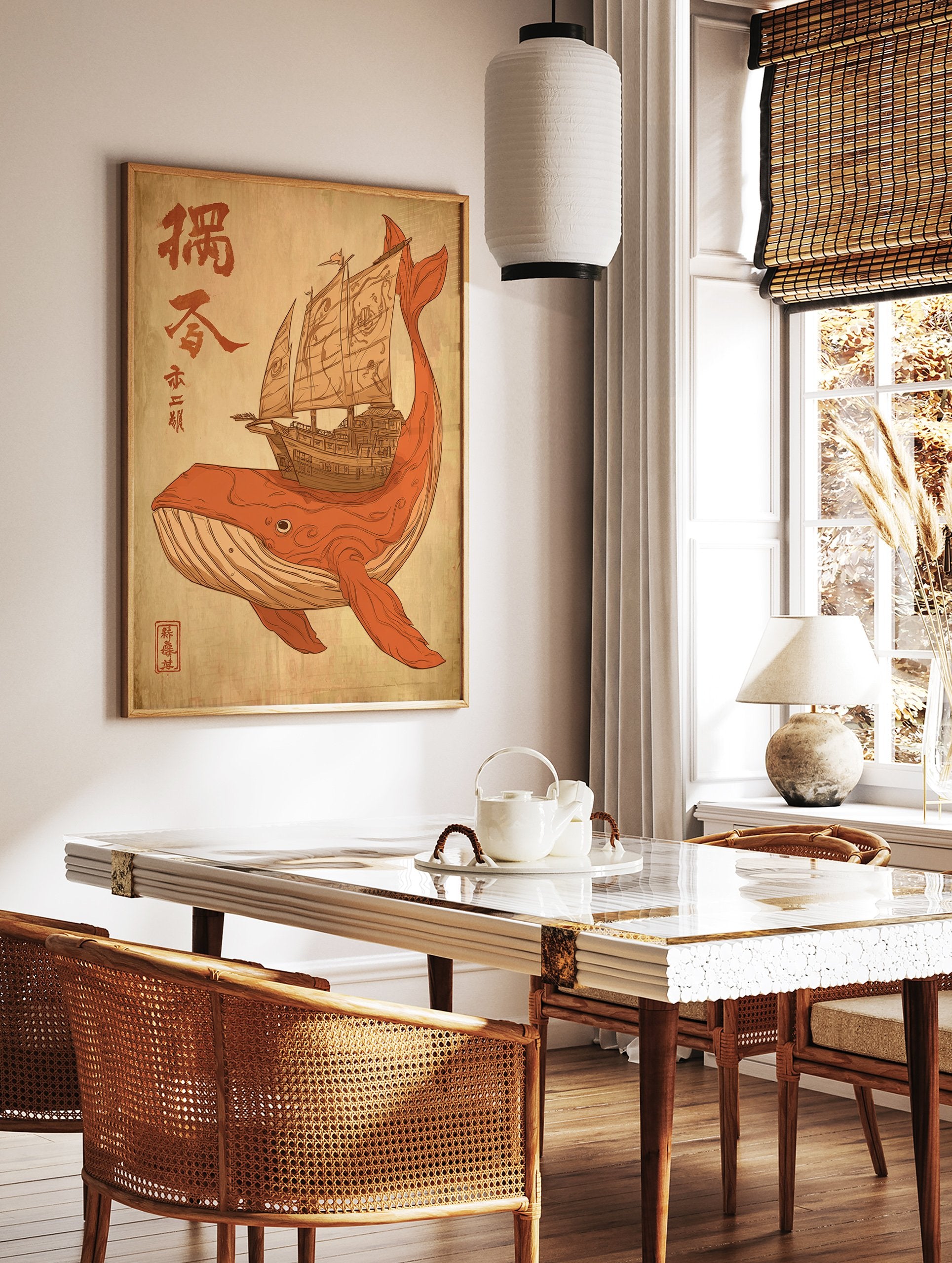 Orange whale carrying a traditional sailing ship with red Asian calligraphy on a beige background, unique whale ship art. - Image 3