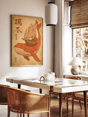 Orange whale carrying a traditional sailing ship with red Asian calligraphy on a beige background, unique whale ship art. - Image 3
