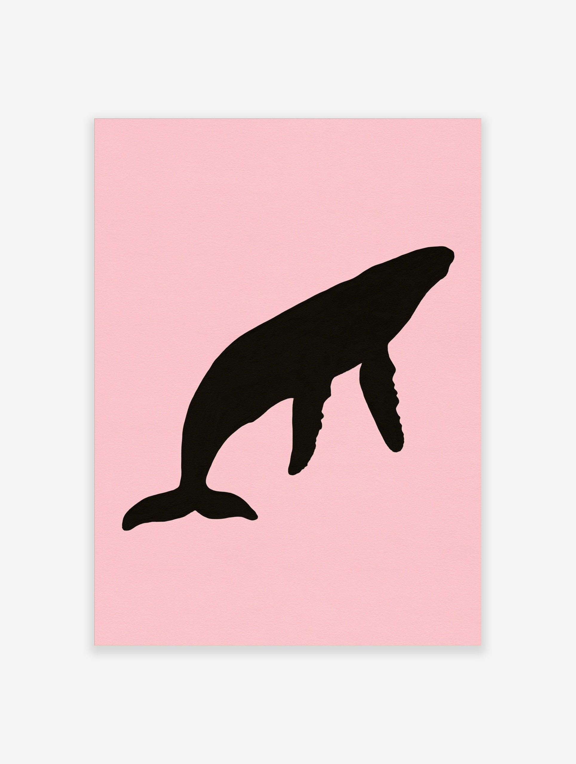 Black humpback whale silhouette illustration on a solid soft pink background, minimalist wall art print