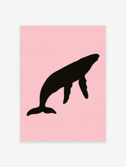 Black humpback whale silhouette illustration on a solid soft pink background, minimalist wall art print