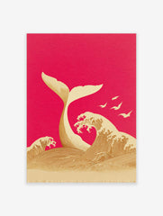 Illustrative whale tail emerging from ocean waves with birds on magenta background